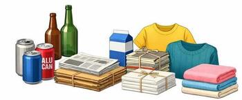 びん、かん、紙類（新聞紙、ダンボール、雑紙、牛乳パック）、布類（Tシャツ、セーター、タオル）