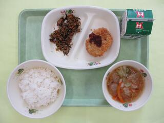 ご飯 ・牛乳・かぼちゃコロッケ・ ひじきとじゃこのソフトふりかけ・ キャベツと肉団子のみそ汁