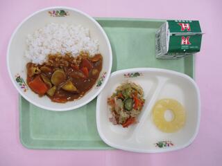 かみかみカレーライス (麦ご飯・かみかみカレー) ・牛乳・ りっちゃんサラダ・ パインアップル