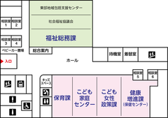 1�K�ɂ́A�ۈ�ہA���ǂ��ƒ�Z���^�[�A���ǂ���������ہA�ی��Z���^�[�i���N���i�ہj�A���������ہA�Љ�����c��A�����n���x���Z���^�[������܂��B